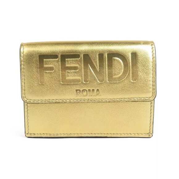 Auth FENDI Trifold Wallet Compact Wallet Gold Leather - e59960g - Picture 1 of 8